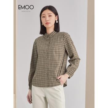 EMOO復古格子竹纖維舒適長袖襯衫