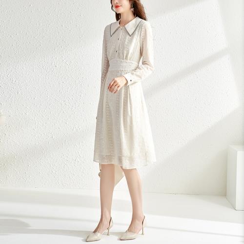 淑女娃娃領高腰雪紡a字裙繡花