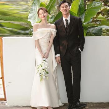 韓式輕婚紗白色簡約高級感森系旅拍出門紗氣質顯瘦緞面一字肩禮服