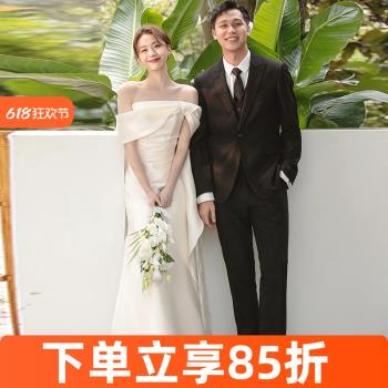 韓式輕婚紗白色簡約高階感森系旅拍出門紗氣質顯瘦緞面一字肩禮服