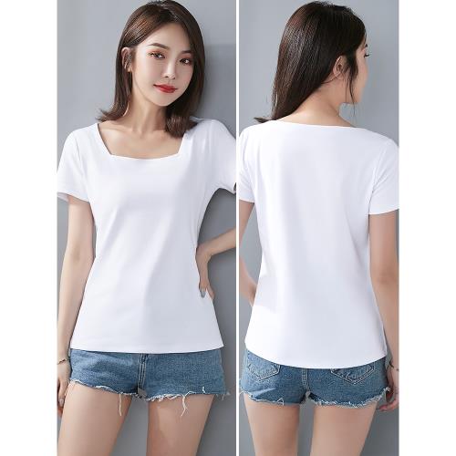 白色短袖t恤女夏季新款修身顯瘦上衣漏鎖骨純色簡約打底衫胖mm