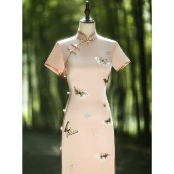 粉色上海年輕款醋酸優雅長裙旗袍