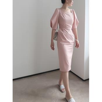 莫凝家夏季時尚五分袖粉色連衣裙