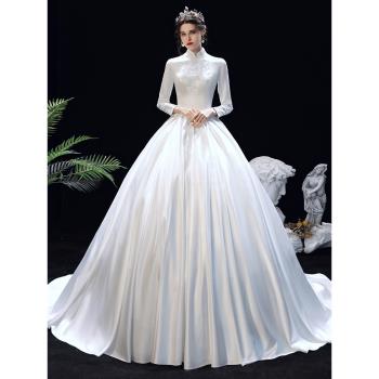 長袖緞面婚紗2024新款白色簡約氣質輕奢赫本新娘結婚迎賓禮服拖尾