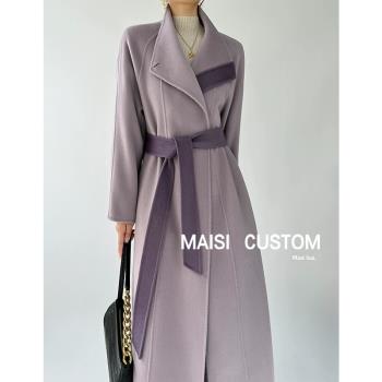 高端紫色拼色雙面羊絨大衣女中長款2023秋冬新款氣質系帶毛呢外套