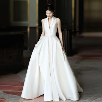 高階緞面婚紗2025新款氣質掛脖名媛出門紗高階奢華新娘訂婚禮服裙