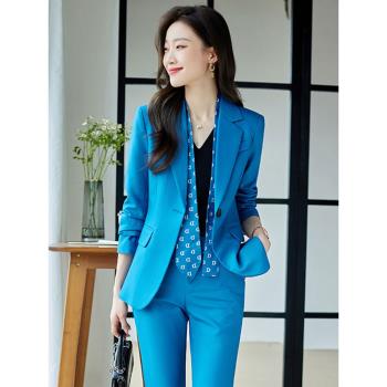 藍色西裝外套女秋裝時尚韓版修身小個子職業裝高級感炸街西服套裝