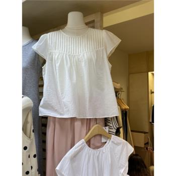 設計感壓褶圓領泡泡袖小衫2023夏季新款減齡飛飛袖娃娃襯衫女上衣
