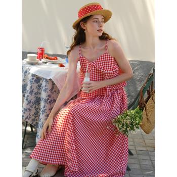 MintCheese 夏季法式浪漫少女 田園紅格子吊帶 拼接半身裙套裝