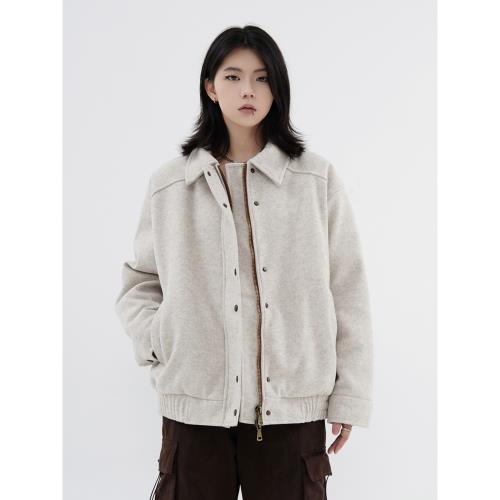 川川也美式復古毛呢工裝夾克棉服棒球服男女潮牌簡約開衫外套冬季