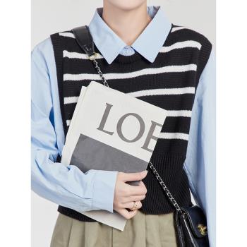 LLL LAB/冬季襯衫女藍色慵懶寬松拼接針織假兩件韓系風格穿搭上衣