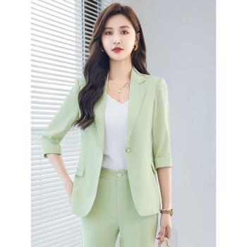 減齡韓版時尚綠色中袖西裝套裝