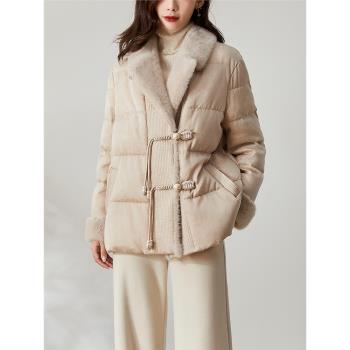 簡漫 水貂毛+真絲中國風盤扣鵝絨羽絨服2023冬暗紋提花髙汲感外套