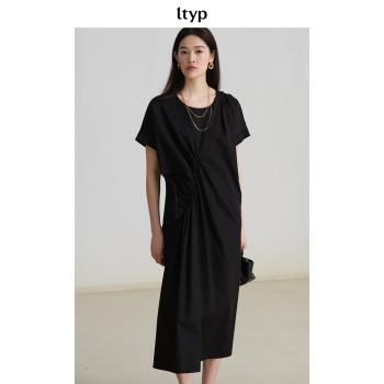 ltyp旅途原品 80支棉個性時髦抽褶連衣裙黑色直筒寬松中長裙女夏