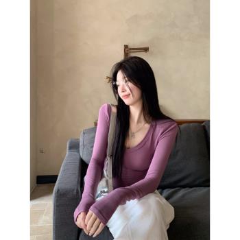 韓版純色長袖v領T恤女夏季2024新款性感辣妹修身顯瘦套頭上衣ins