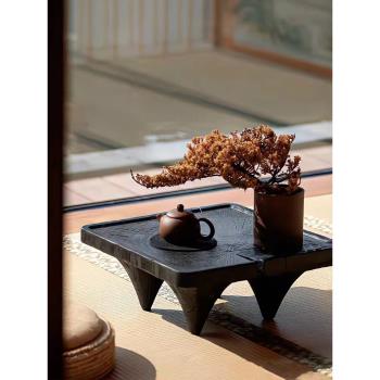 日式侘寂風碳化黑色原木小茶幾榻榻米方形復古懷舊雨木飄窗茶臺桌