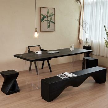 侘寂風碳化黑色實木餐桌原木大板桌工作臺亞克力懸浮茶桌白蠟木桌