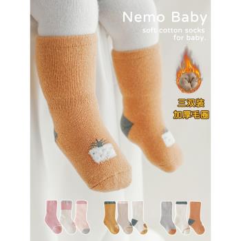 嬰兒秋冬襪子純棉加厚保暖0到6月新生男女寶寶卡通毛圈無骨中筒襪