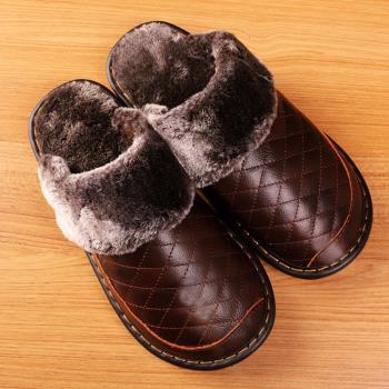 冬季真皮中老年棉拖鞋室內防滑厚底牛筋底男女居家保暖老人皮拖鞋