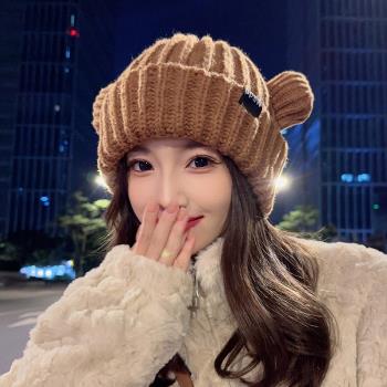 貓耳朵毛線帽子女秋冬季韓版甜美可愛卡通保暖防風護耳針織包頭帽