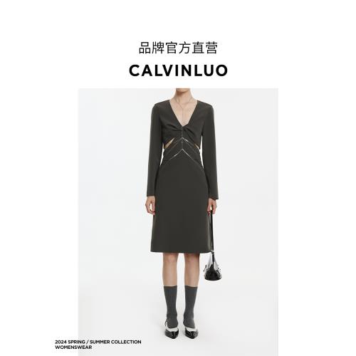 CALVINLUO 扭結V領露腰連衣裙 春夏新品 灰/黑色