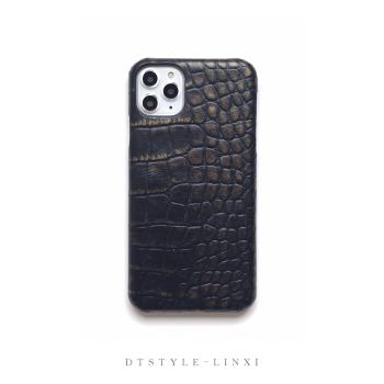 原創真皮鱷魚紋黑色擦金牛皮手機適用于蘋果12promax帥氣潮情侶殼