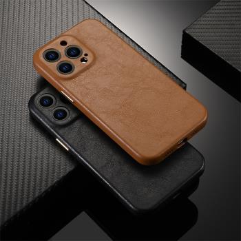 適用蘋果iphone14 pro max leather case 14plus back cover真皮