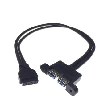 主板20pin/19pin轉雙口USB3.0延長線帶耳朵螺絲孔固定母對母連接