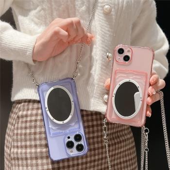 粉色插卡包iphone14/15pro手機殼鏡子斜挎背帶掛繩鐵鏈11/12適用蘋果13promax透紫色矽膠保護殼新款零錢包女x