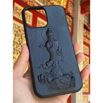 適用iPhone蘋果15復古中國風14雕刻騎龍觀音pro菩薩吉祥plus如意檀木質浮max文玩保護套