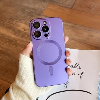 暗紫色簡約純色磁吸充電適用蘋果15promax手機殼一體鏡頭膜iPhone15pro新款14promax硅膠軟殼13pro男女12防摔