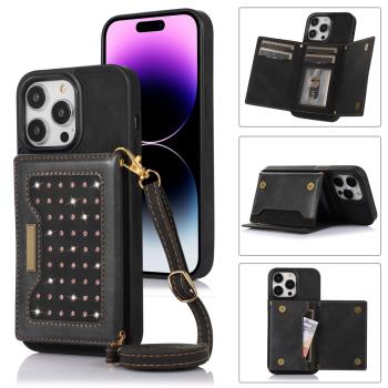 適用iPhone14 Pro Max Case wallet Flip cover card slot strap