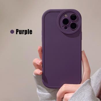 蘋果13手機殼簡約ins風純色硅膠紫色圓形鏡頭全包夏天男女款創意個性防摔潮牌防摔直角邊iphone14promax軟殼
