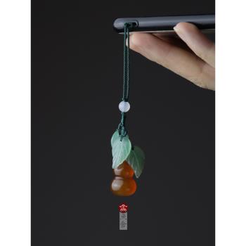 中國風天然紅瑪瑙玉石小葫蘆手機掛件手機殼掛繩吊墜U盤飾品掛鏈