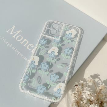iphone13手機殼鴨子可愛小清新藍色花朵透明夏蘋果12promax保護套