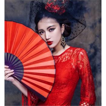 紅白色影樓古裝仿古扇子拍照攝影絹布扇子古裝寫真折扇中國風道具