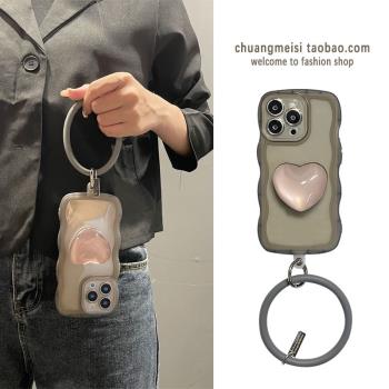波浪透灰愛心支架手環適用于opporeno7手機殼reno6高級reno5/4/7pro透明軟殼r17女款reno3簡約reno8pro保護套