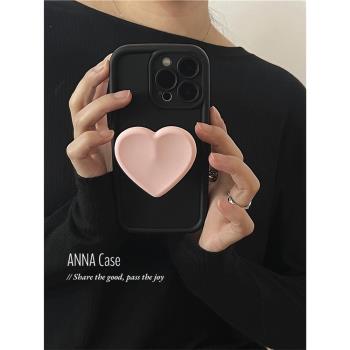 ANNACASE高級小眾黑粉色愛心支架適用iphone14promax蘋果15手機殼11新款12pro硅膠xs全包13Promax防摔保護套
