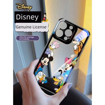 迪士尼正版適用iphone14promax新款透明手機殼鋼化玻璃蘋果13情侶卡通米奇創意高級感保護硅膠女全包套帶掛繩