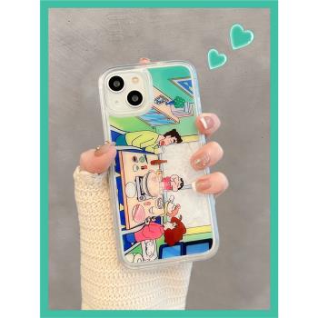 適用iPhone15promax新款手機殼蘋果14/13流沙窗戶蠟筆小新一家12網紅爆款11可愛卡通14pro防摔保護套超火女款