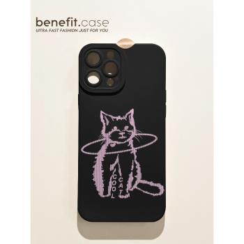 benefit創意粉色條紋貓咪適用于15蘋果13手機殼iphone14promax新款12套11簡約xsmax防摔xr全包8plus硅膠7mini