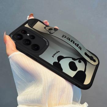 適用三星S25手機殼腕帶趴趴熊貓GalaxyS22/S23全包s24女新款卡通S20軟矽膠ultra高階感創意S21FE支架+保護套
