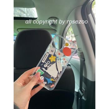rosezoo幾何貼紙牛頭梗適用于iphone13pro max全包透明軟殼手機殼