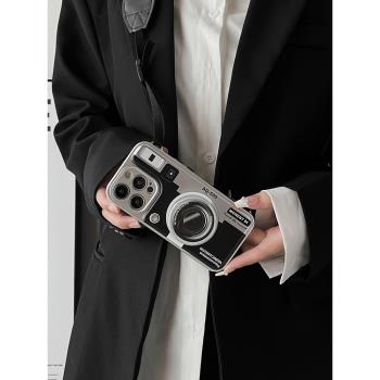 日韓ins個性小眾設計師攝影師復古照相機單反適用iPhone15promax斜挎帶蘋果15氣囊支架鏡頭情侶12手機殼13潮