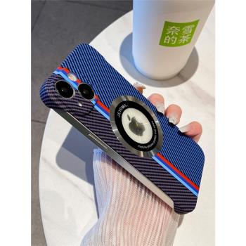 超跑拼色露標磁吸適用蘋果15手機殼碳纖維紋適iphone14promax無邊框ip16半包15pro超薄13創意14pro男款14硬殼