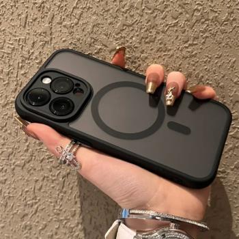 自帶鏡頭膜膚感磨砂磁吸無線充電適用iphone15promax手機殼蘋果14proMax簡約高階13新款全包12保護套男女plus