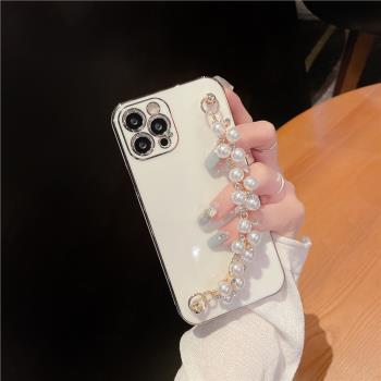 電鍍水鉆珍珠手鏈適用15/14/13pro蘋果12手機殼iphone11Pro max女款x全包xs新款xr氣質軟硅膠防摔保護套plus