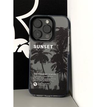 新款韓系黑色椰子樹影子適用于蘋果iphone14promax手機殼15promax黑邊防摔創意15高級感14男女14pro個性潮牌x