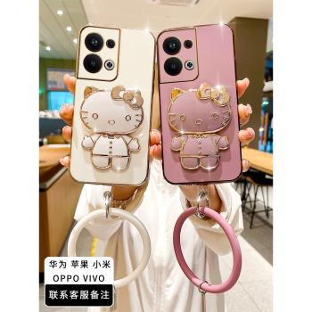 適用oppoReno9Pro+手機殼新款5G凱特貓咪多功能補妝鏡支架PGW110高階感可旋轉KT喵軟膠保護套reno9pro加電鍍