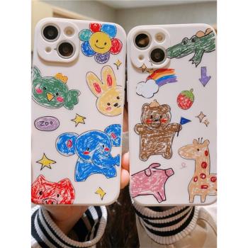 塗鴉小熊小圖iPhone15PROMAX手機殼可愛14Pro情侶12軟矽膠彩色11魔方XR簡約INS風7/8Plus小眾XS全包13防摔殼